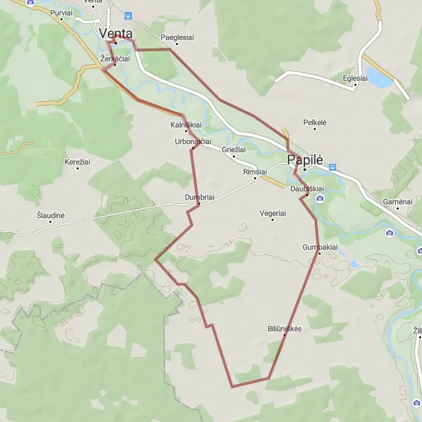Map miniature of "Jurakalnio geologinis - pažintinis takas Adventure" cycling inspiration in Vidurio ir vakarų Lietuvos regionas, Lithuania. Generated by Tarmacs.app cycling route planner