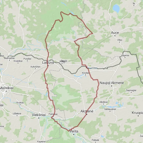 Map miniature of "Gravel Adventure to Palnosai" cycling inspiration in Vidurio ir vakarų Lietuvos regionas, Lithuania. Generated by Tarmacs.app cycling route planner