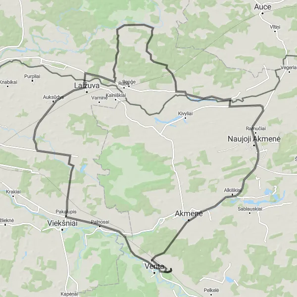 Map miniature of "Historical Cycling Trail: Venta to Ezerkrogs" cycling inspiration in Vidurio ir vakarų Lietuvos regionas, Lithuania. Generated by Tarmacs.app cycling route planner
