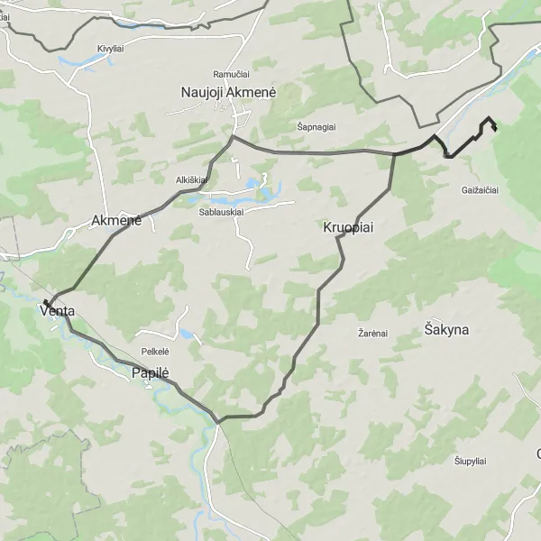 Map miniature of "Venta and Raistai Circuit" cycling inspiration in Vidurio ir vakarų Lietuvos regionas, Lithuania. Generated by Tarmacs.app cycling route planner