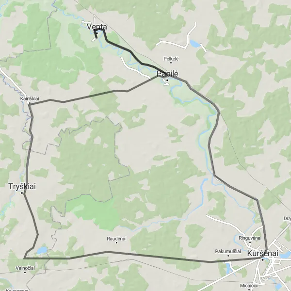 Map miniature of "Pašilė and Ringuvėlė Loop" cycling inspiration in Vidurio ir vakarų Lietuvos regionas, Lithuania. Generated by Tarmacs.app cycling route planner