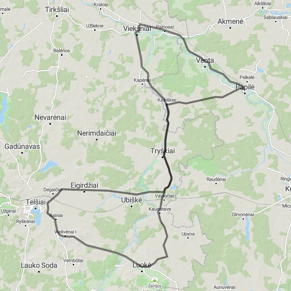 Map miniature of "Venta Cycling Adventure" cycling inspiration in Vidurio ir vakarų Lietuvos regionas, Lithuania. Generated by Tarmacs.app cycling route planner