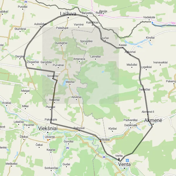 Map miniature of "Scenic Route: Exploring Palnosai and Sovaičiai" cycling inspiration in Vidurio ir vakarų Lietuvos regionas, Lithuania. Generated by Tarmacs.app cycling route planner