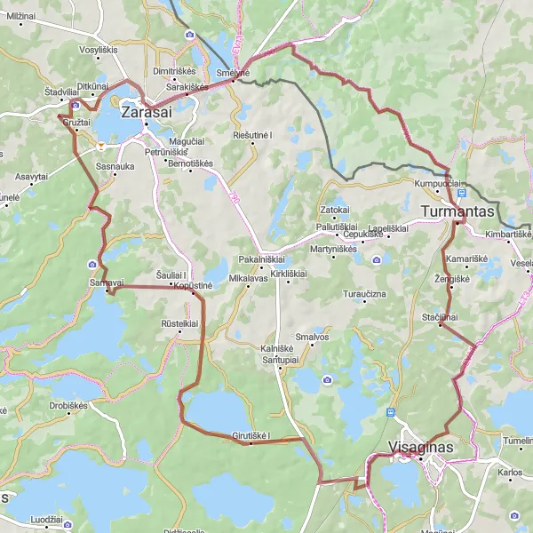 Map miniature of "Visaginas and Šventas Lake Gravel Adventure" cycling inspiration in Vidurio ir vakarų Lietuvos regionas, Lithuania. Generated by Tarmacs.app cycling route planner