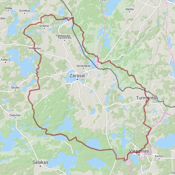 Map miniature of "Visaginas - Degsnė Loop" cycling inspiration in Vidurio ir vakarų Lietuvos regionas, Lithuania. Generated by Tarmacs.app cycling route planner