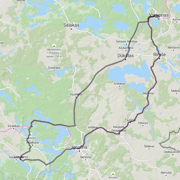 Map miniature of "Visaginas - Ladakalnis Loop" cycling inspiration in Vidurio ir vakarų Lietuvos regionas, Lithuania. Generated by Tarmacs.app cycling route planner