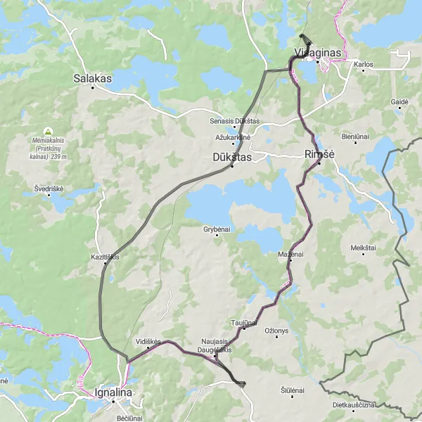 Map miniature of "Varginiai and Taujūnai Road Loop" cycling inspiration in Vidurio ir vakarų Lietuvos regionas, Lithuania. Generated by Tarmacs.app cycling route planner