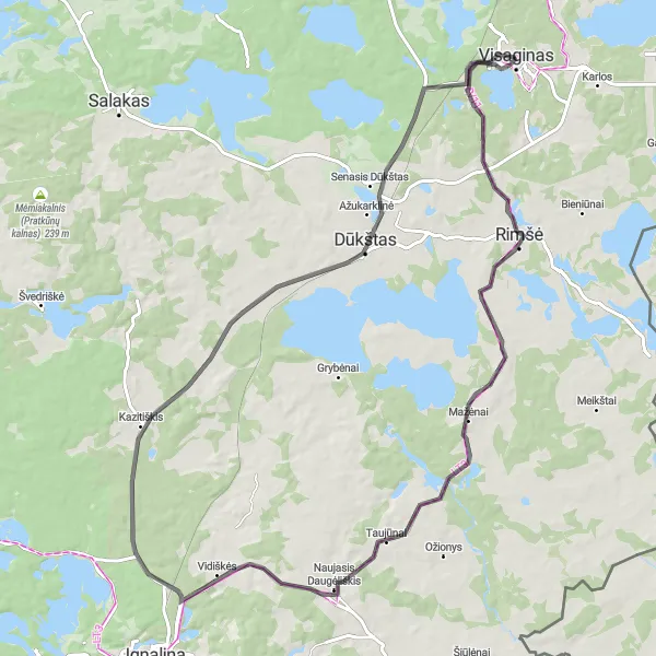 Map miniature of "Exploring Taujūnai and Visaginas on Road" cycling inspiration in Vidurio ir vakarų Lietuvos regionas, Lithuania. Generated by Tarmacs.app cycling route planner