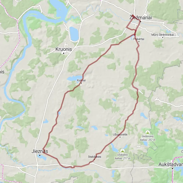 Map miniature of "The Jieznas Adventure" cycling inspiration in Vidurio ir vakarų Lietuvos regionas, Lithuania. Generated by Tarmacs.app cycling route planner