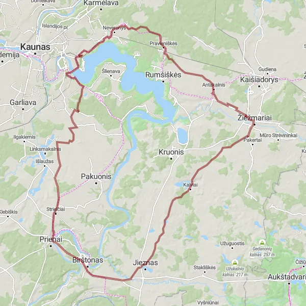 Map miniature of "Žiežmariai Gravel Adventure" cycling inspiration in Vidurio ir vakarų Lietuvos regionas, Lithuania. Generated by Tarmacs.app cycling route planner