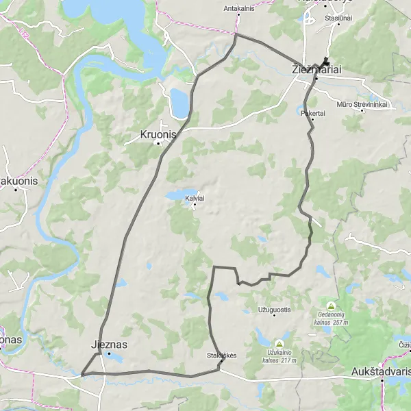 Map miniature of "Road Route to Jiulvivors Lake" cycling inspiration in Vidurio ir vakarų Lietuvos regionas, Lithuania. Generated by Tarmacs.app cycling route planner