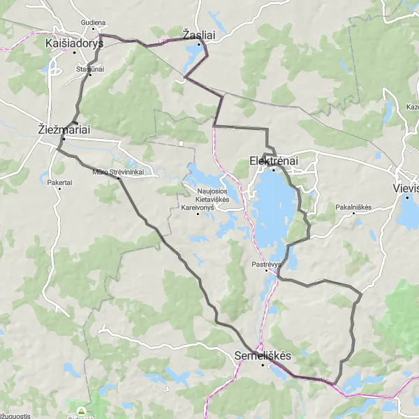 Map miniature of "The Žiežmariai Loop" cycling inspiration in Vidurio ir vakarų Lietuvos regionas, Lithuania. Generated by Tarmacs.app cycling route planner