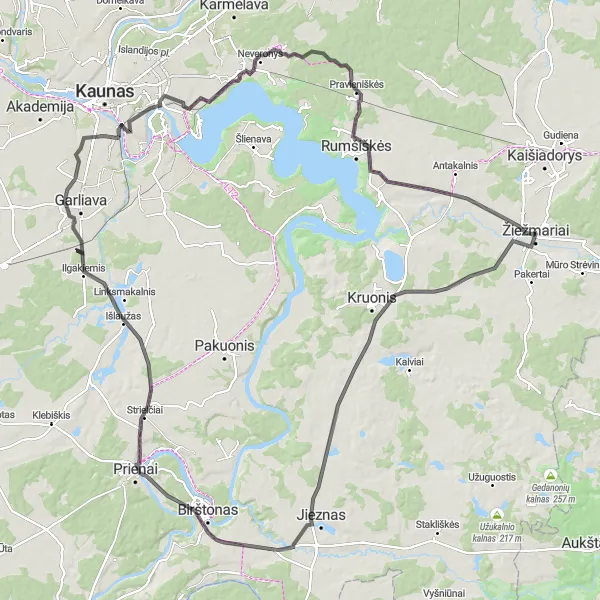 Map miniature of "The Žiežmarių Sinagoga Circuit" cycling inspiration in Vidurio ir vakarų Lietuvos regionas, Lithuania. Generated by Tarmacs.app cycling route planner