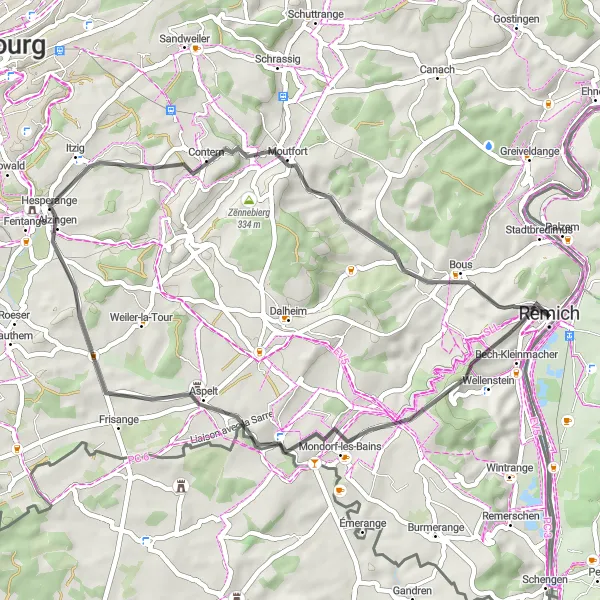 Map miniature of "Remich - Krommfur loop" cycling inspiration in Luxembourg, Luxembourg. Generated by Tarmacs.app cycling route planner