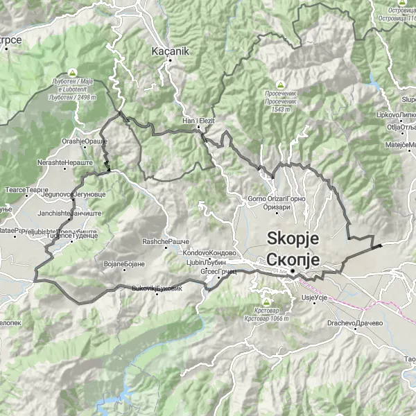 Map miniature of "Arachinovo Epic Road Cycling Route" cycling inspiration in Severna Makedonija, Macedonia. Generated by Tarmacs.app cycling route planner