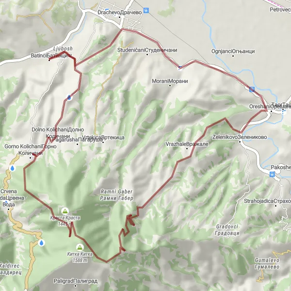 Map miniature of "Gravel Exploration" cycling inspiration in Severna Makedonija, Macedonia. Generated by Tarmacs.app cycling route planner