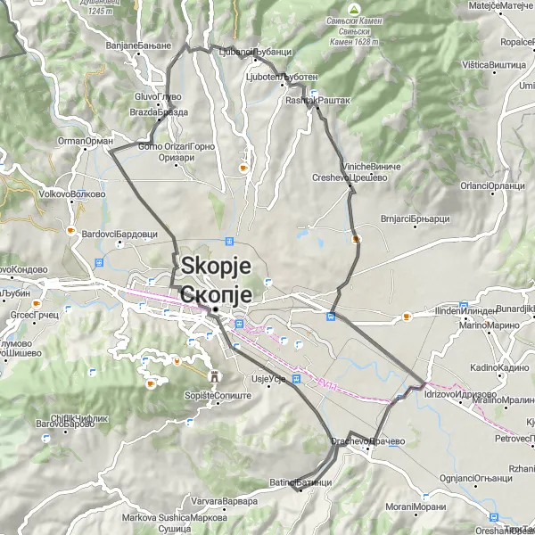 Map miniature of "Road to Skopje" cycling inspiration in Severna Makedonija, Macedonia. Generated by Tarmacs.app cycling route planner