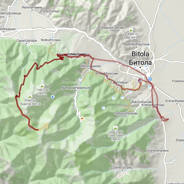 Map miniature of "Gravel Adventure: Bistrica-Fortress of Bitola-Partisan Peak" cycling inspiration in Severna Makedonija, Macedonia. Generated by Tarmacs.app cycling route planner