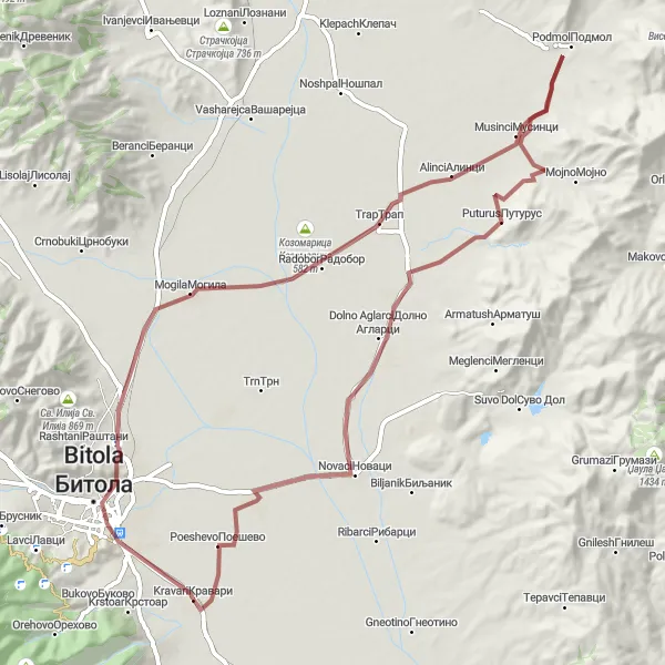 Map miniature of "Kravari Gravel Adventure" cycling inspiration in Severna Makedonija, Macedonia. Generated by Tarmacs.app cycling route planner