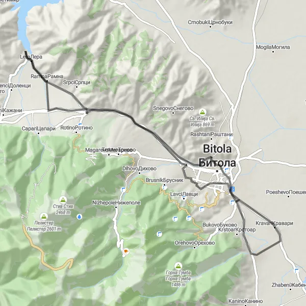 Map miniature of "Bistrica-F-86E-Lera-Kravari Round Trip" cycling inspiration in Severna Makedonija, Macedonia. Generated by Tarmacs.app cycling route planner