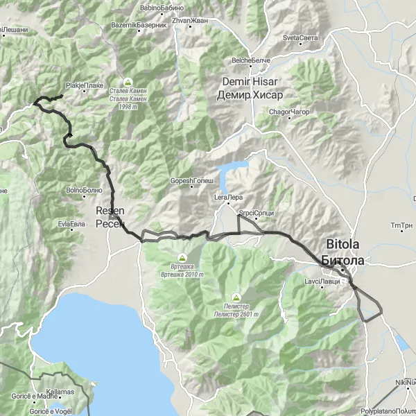 Map miniature of "Bistrica-F-86E-Rechica-Dolno Krushje-Ramna-Kravari Round Trip" cycling inspiration in Severna Makedonija, Macedonia. Generated by Tarmacs.app cycling route planner