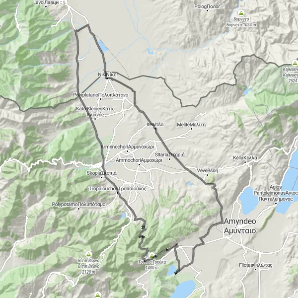 Map miniature of "Bistrica-Nike-Limnochori Round Trip" cycling inspiration in Severna Makedonija, Macedonia. Generated by Tarmacs.app cycling route planner