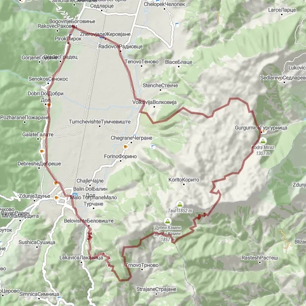 Map miniature of "The Gravel Adventure" cycling inspiration in Severna Makedonija, Macedonia. Generated by Tarmacs.app cycling route planner