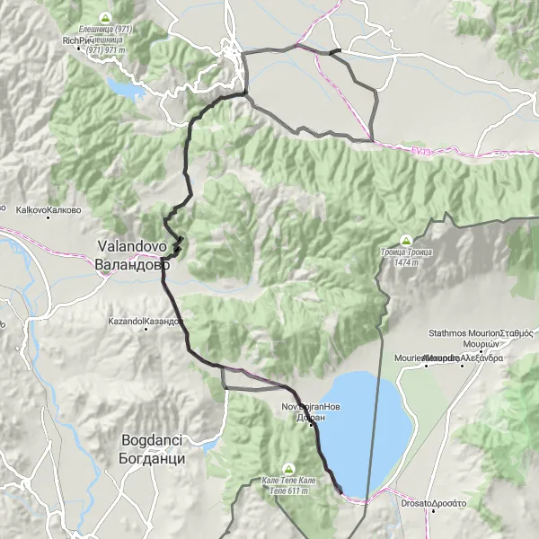 Map miniature of "Road Cycling Expedition across Bosilovo Region" cycling inspiration in Severna Makedonija, Macedonia. Generated by Tarmacs.app cycling route planner