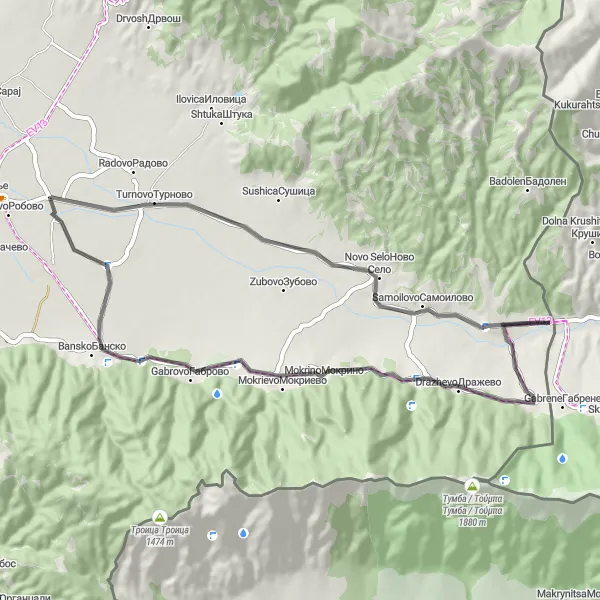 Map miniature of "Panoramic Ride from Bosilovo" cycling inspiration in Severna Makedonija, Macedonia. Generated by Tarmacs.app cycling route planner