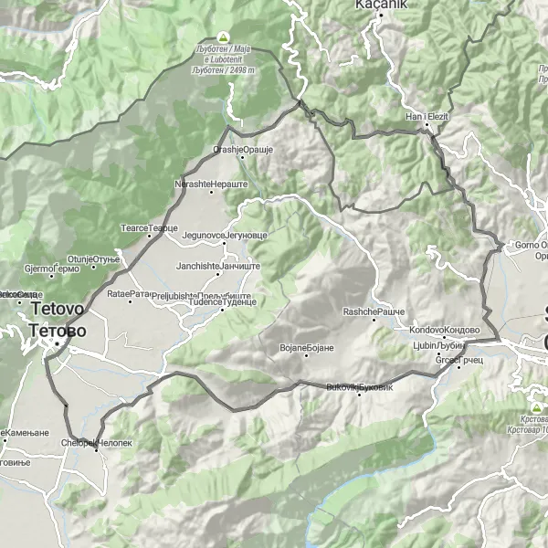 Map miniature of "Tearce Discovery" cycling inspiration in Severna Makedonija, Macedonia. Generated by Tarmacs.app cycling route planner