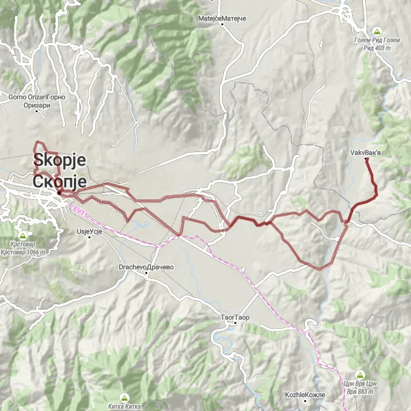 Map miniature of "Scenic Gravel Adventure through Villages" cycling inspiration in Severna Makedonija, Macedonia. Generated by Tarmacs.app cycling route planner