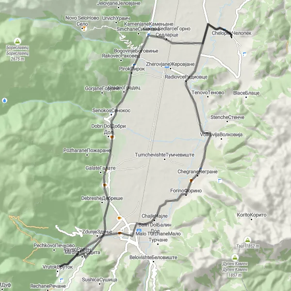 Map miniature of "Scenic Loop through Gostivar and Vrapchishte" cycling inspiration in Severna Makedonija, Macedonia. Generated by Tarmacs.app cycling route planner