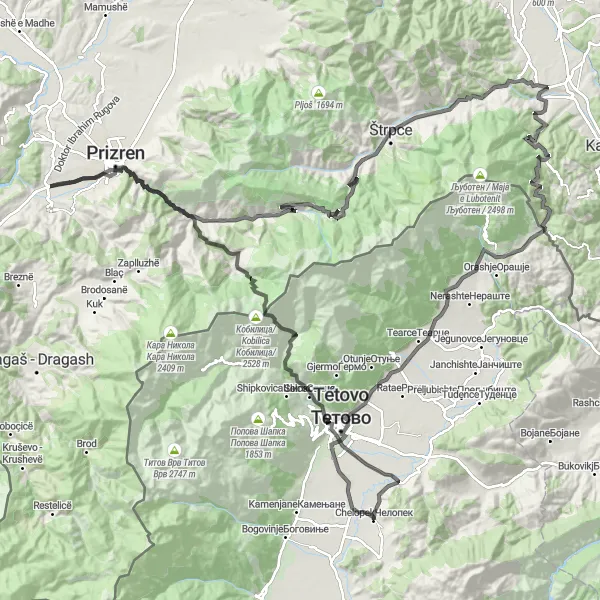 Map miniature of "The Ultimate Challenge: Conquer the Mountains of Tetovo" cycling inspiration in Severna Makedonija, Macedonia. Generated by Tarmacs.app cycling route planner