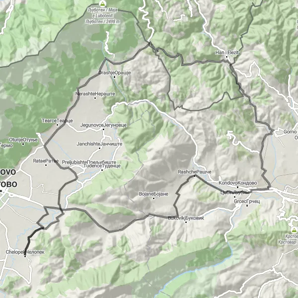 Map miniature of "Scenic Road Cycling Route: Shemshevo Loop" cycling inspiration in Severna Makedonija, Macedonia. Generated by Tarmacs.app cycling route planner