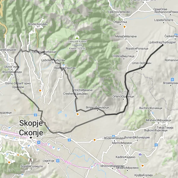 Map miniature of "Mirkovci Exploration" cycling inspiration in Severna Makedonija, Macedonia. Generated by Tarmacs.app cycling route planner