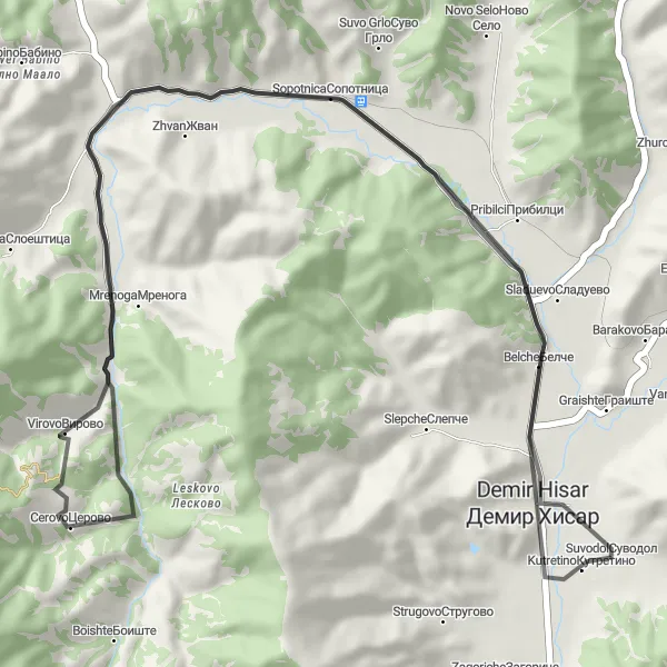 Map miniature of "Pribilci Cycling Route" cycling inspiration in Severna Makedonija, Macedonia. Generated by Tarmacs.app cycling route planner