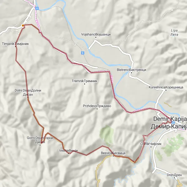 Map miniature of "Gravel Adventure to Veshje" cycling inspiration in Severna Makedonija, Macedonia. Generated by Tarmacs.app cycling route planner