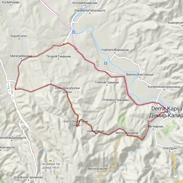 Map miniature of "Discovering Glishikj on Gravel" cycling inspiration in Severna Makedonija, Macedonia. Generated by Tarmacs.app cycling route planner