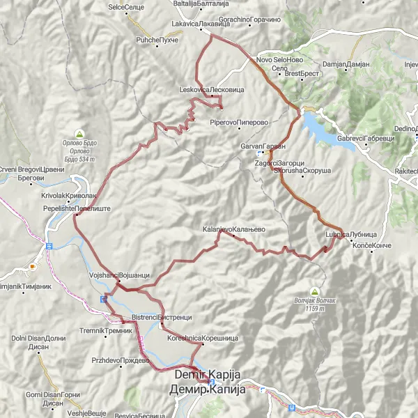 Map miniature of "The Mountainous Escape to Dubrovo" cycling inspiration in Severna Makedonija, Macedonia. Generated by Tarmacs.app cycling route planner