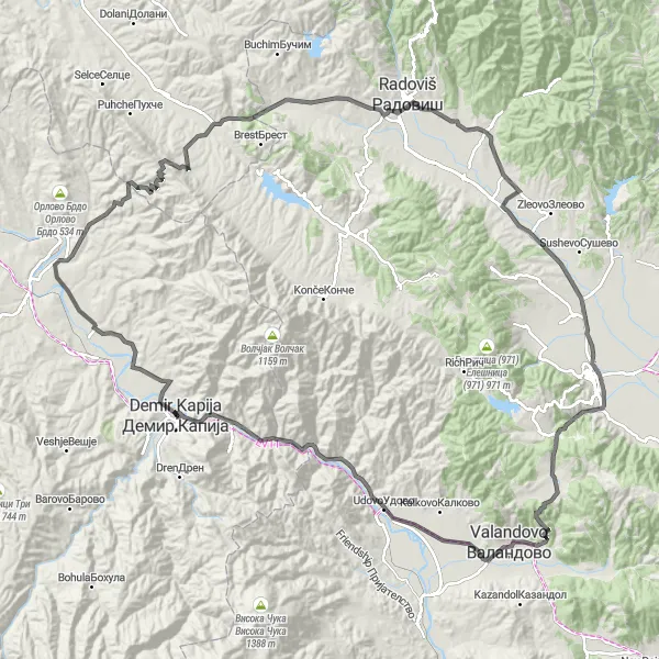 Map miniature of "Magnificent Road Loop to Markov Grad" cycling inspiration in Severna Makedonija, Macedonia. Generated by Tarmacs.app cycling route planner