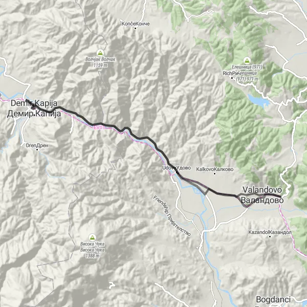 Map miniature of "Serene Road Cycling Route to Pirava" cycling inspiration in Severna Makedonija, Macedonia. Generated by Tarmacs.app cycling route planner