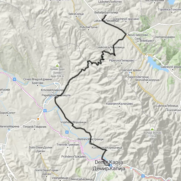 Map miniature of "The Road to Pepelishte" cycling inspiration in Severna Makedonija, Macedonia. Generated by Tarmacs.app cycling route planner