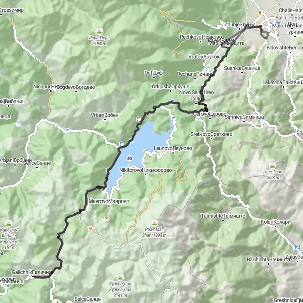 Map miniature of "Mavrovi Anovi Challenge" cycling inspiration in Severna Makedonija, Macedonia. Generated by Tarmacs.app cycling route planner