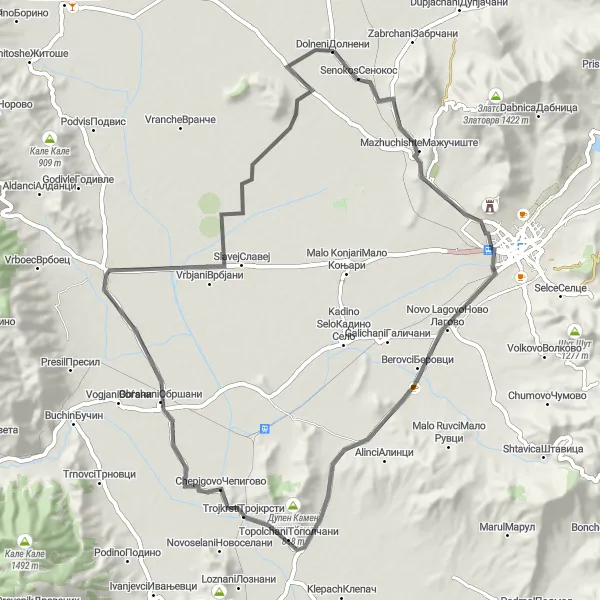 Map miniature of "The Dolnneni-Nov0 Lagovo Loop" cycling inspiration in Severna Makedonija, Macedonia. Generated by Tarmacs.app cycling route planner