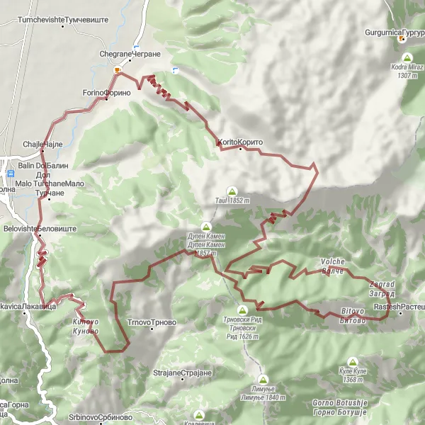 Map miniature of "The Korito Loop" cycling inspiration in Severna Makedonija, Macedonia. Generated by Tarmacs.app cycling route planner