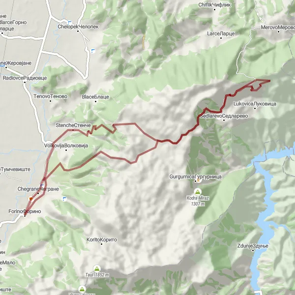 Map miniature of "Forino to Sedlarevo Gravel Cycling Route" cycling inspiration in Severna Makedonija, Macedonia. Generated by Tarmacs.app cycling route planner