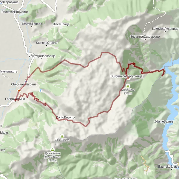 Map miniature of "Forino to Korito Gravel Cycling Route" cycling inspiration in Severna Makedonija, Macedonia. Generated by Tarmacs.app cycling route planner