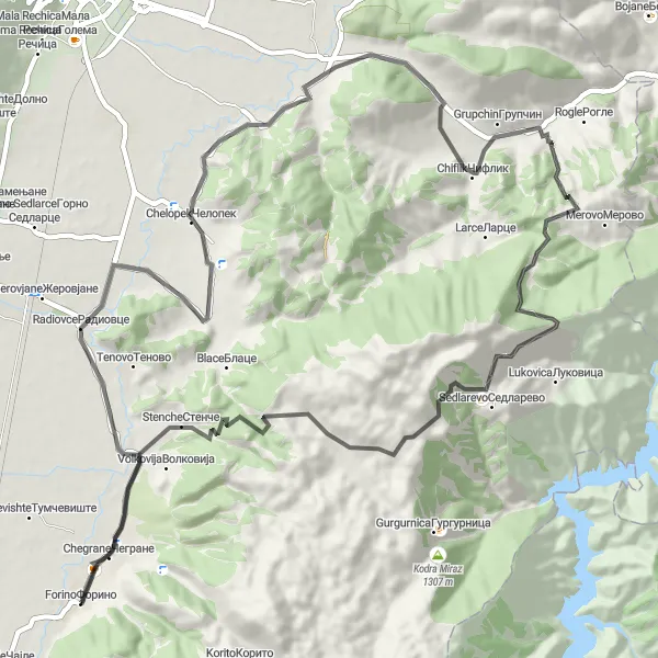 Map miniature of "Forino to Chelopek Road Cycling Route" cycling inspiration in Severna Makedonija, Macedonia. Generated by Tarmacs.app cycling route planner