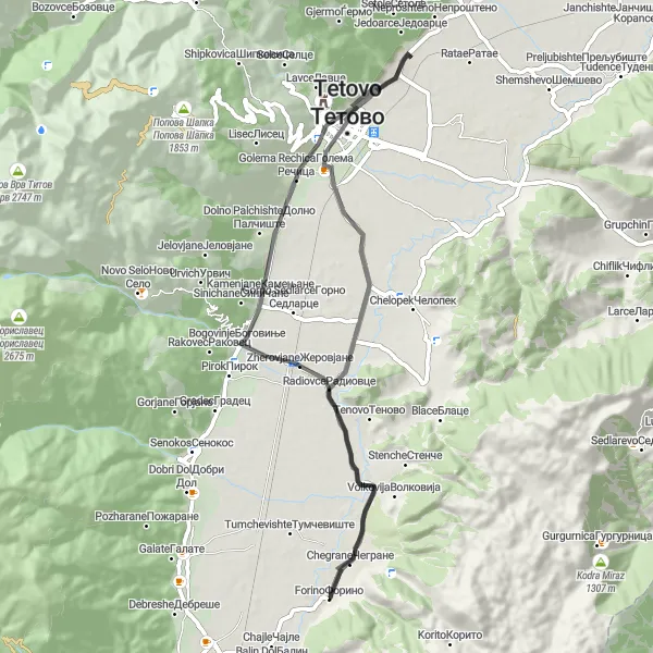 Map miniature of "Tetovo Valley Loop" cycling inspiration in Severna Makedonija, Macedonia. Generated by Tarmacs.app cycling route planner