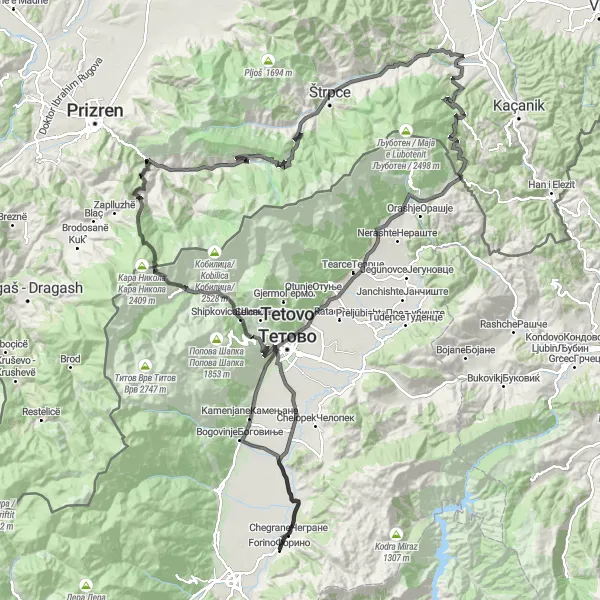 Map miniature of "Forino to Shipkovica Road Cycling Route" cycling inspiration in Severna Makedonija, Macedonia. Generated by Tarmacs.app cycling route planner